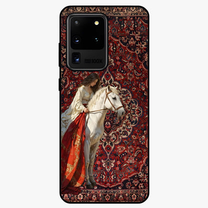 Royal Rider Tapestry Glass Case showing flat back view with majestic horse rider tapestry artwork and glossy glass finish.