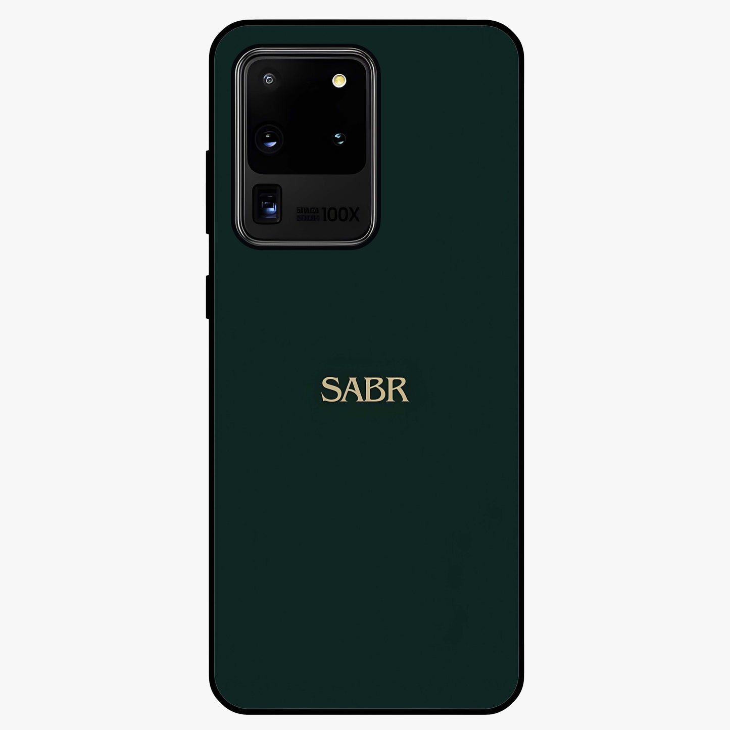 Sabr Minimal Patience Glass Case showing flat back view with minimalist typography artwork and glossy glass finish.