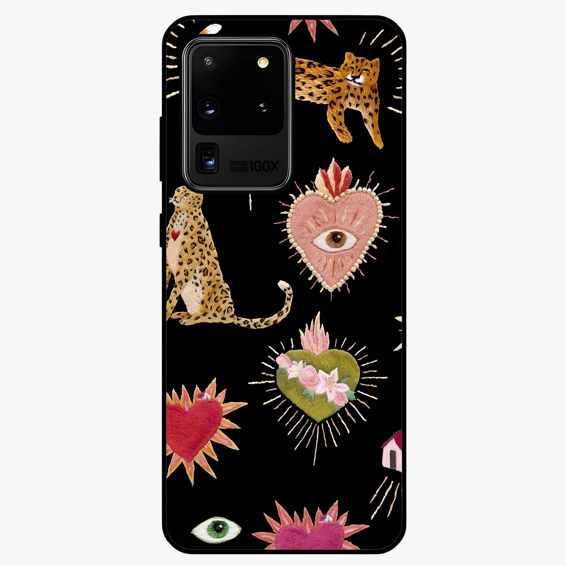 Sacred Jungle Heart Glass Case showing flat back view with jungle inspired heart artwork and glossy glass finish.