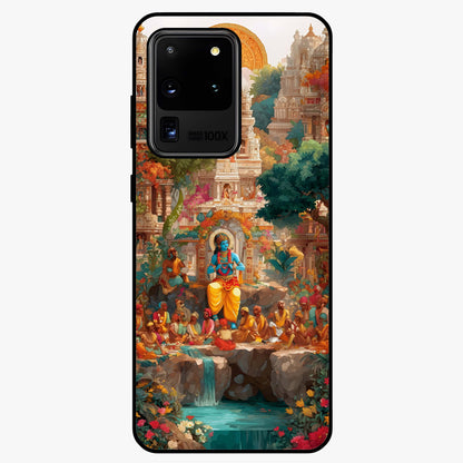 Sacred Sunlight Gods Glass Case showing flat back view with divine sunlight themed artwork and glossy glass finish.
