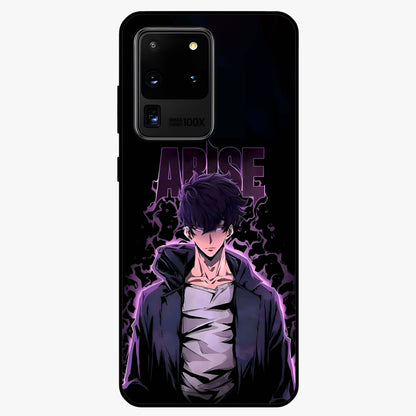 Shadow Monarch Awakening Glass Case showing flat back view with powerful dark monarch themed artwork and glossy glass finish.