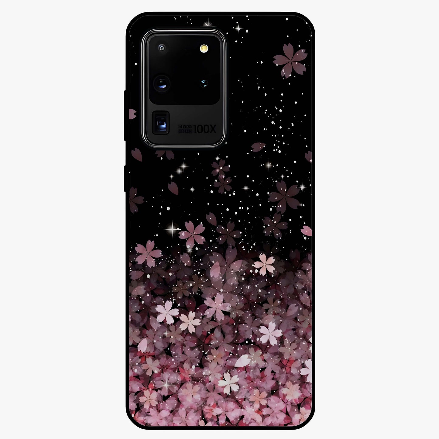 Small Starry Flowers Glass Case showing flat back view with delicate starry floral artwork and glossy glass finish.