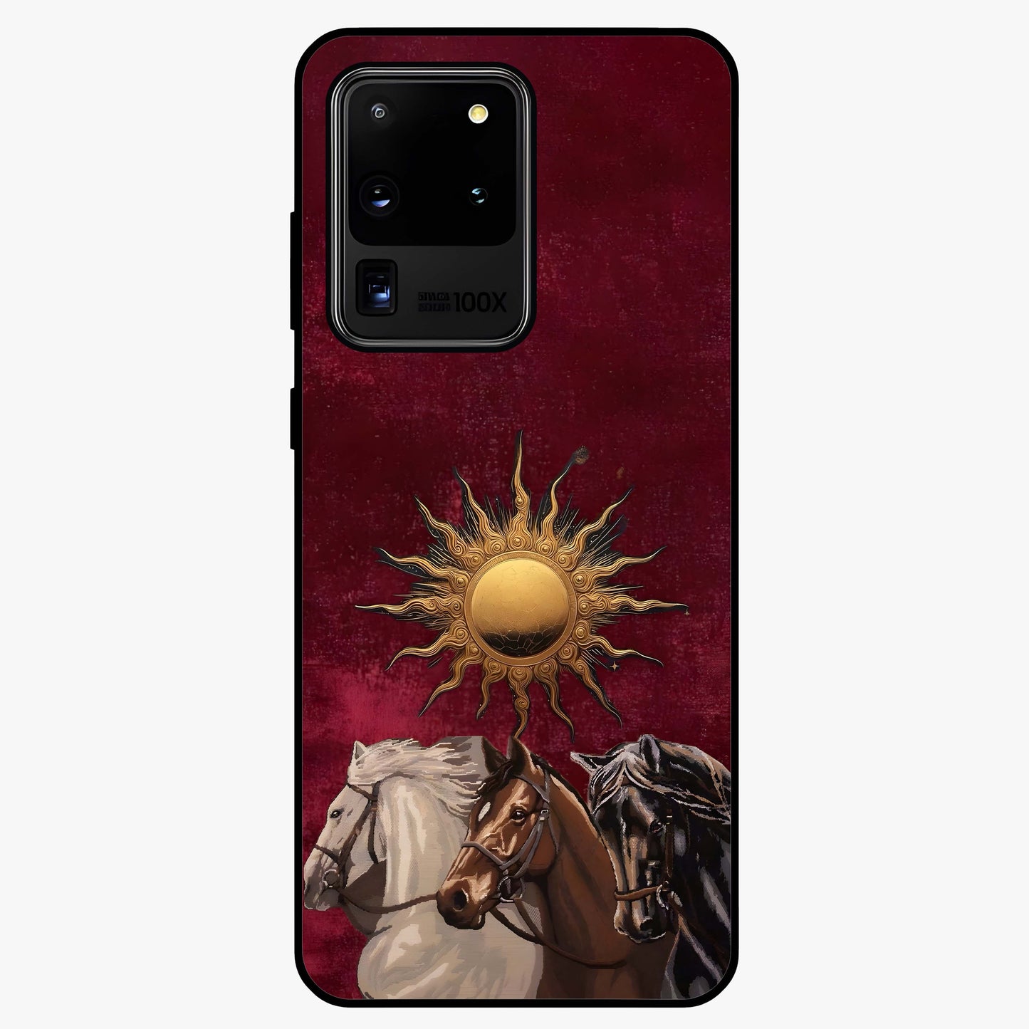 Solar Riders Glass Case showing flat back view with dynamic rider themed artwork and glossy glass finish.