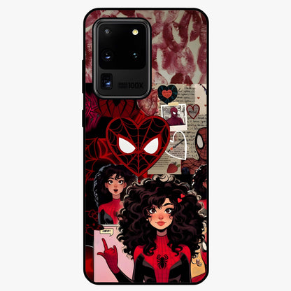 Spider Love Story Glass Case showing flat back view with romantic superhero themed artwork and glossy glass finish.