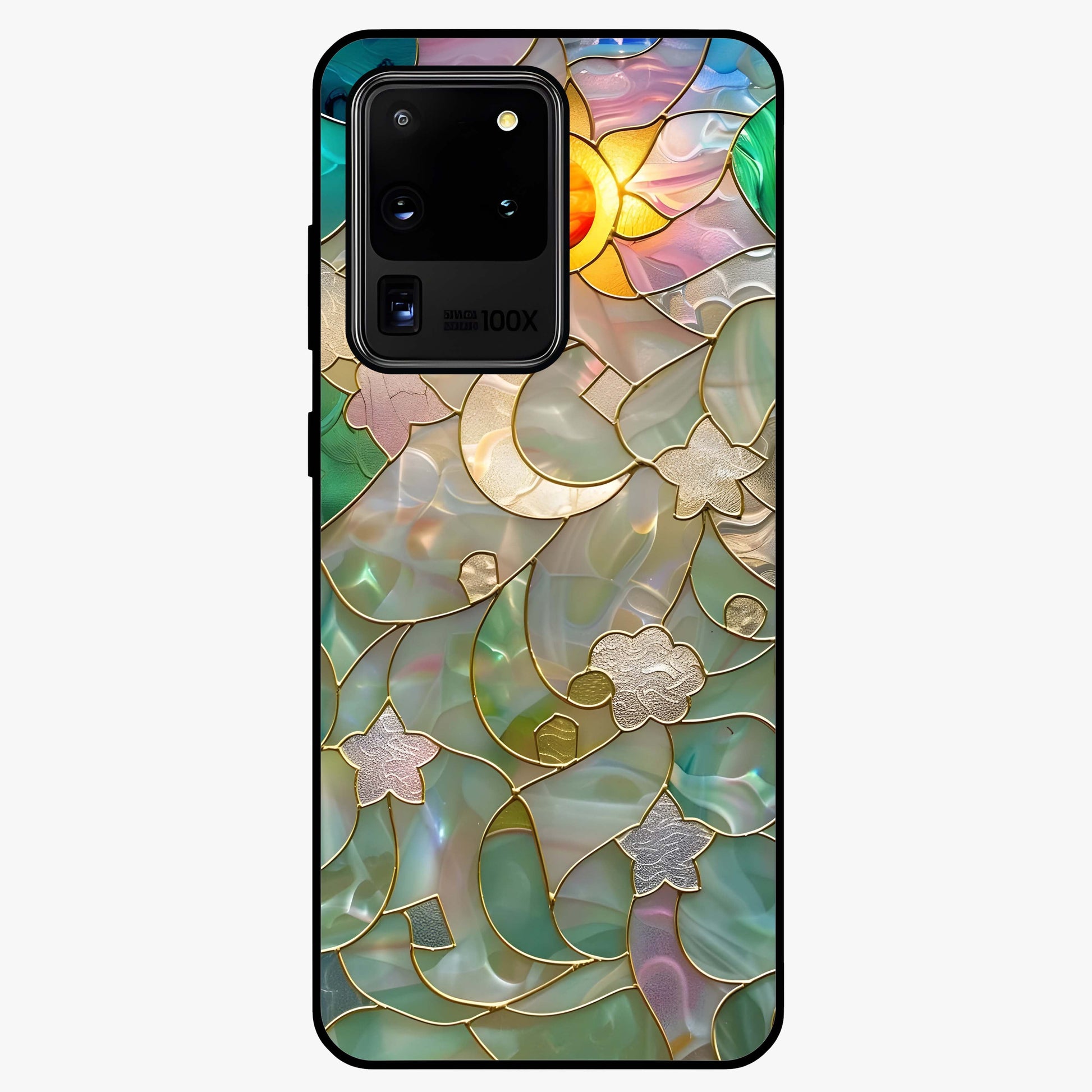 Stained Sunrise Glow Glass Case showing flat back view with glowing sunrise stained pattern artwork and glossy glass finish.