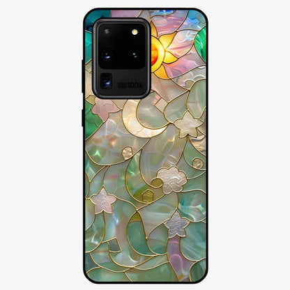 Stained Sunrise Glow Glass Case showing flat back view with glowing sunrise stained pattern artwork and glossy glass finish.