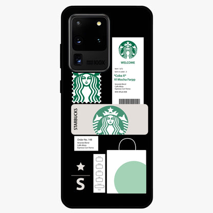 Starbucks Mocha Glass Case showing flat back view with coffee inspired artwork and glossy glass finish.