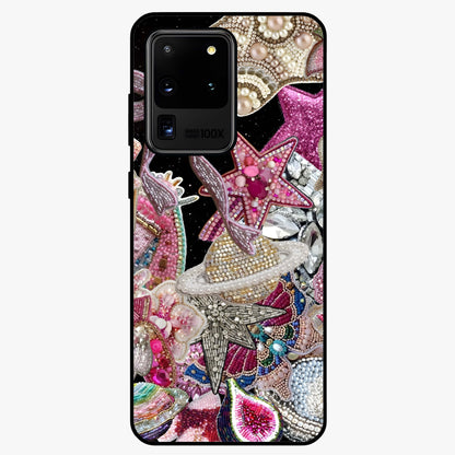 Starlit Jewel Dream Glass Case showing flat back view with sparkling jewel and star themed artwork and glossy glass finish.
