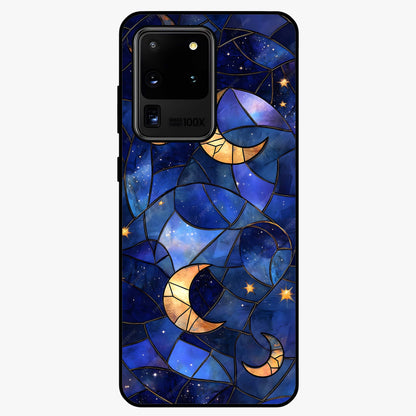 Starlit Sky Tapestry Glass Case showing flat back view with decorative starry sky tapestry artwork and glossy glass finish.