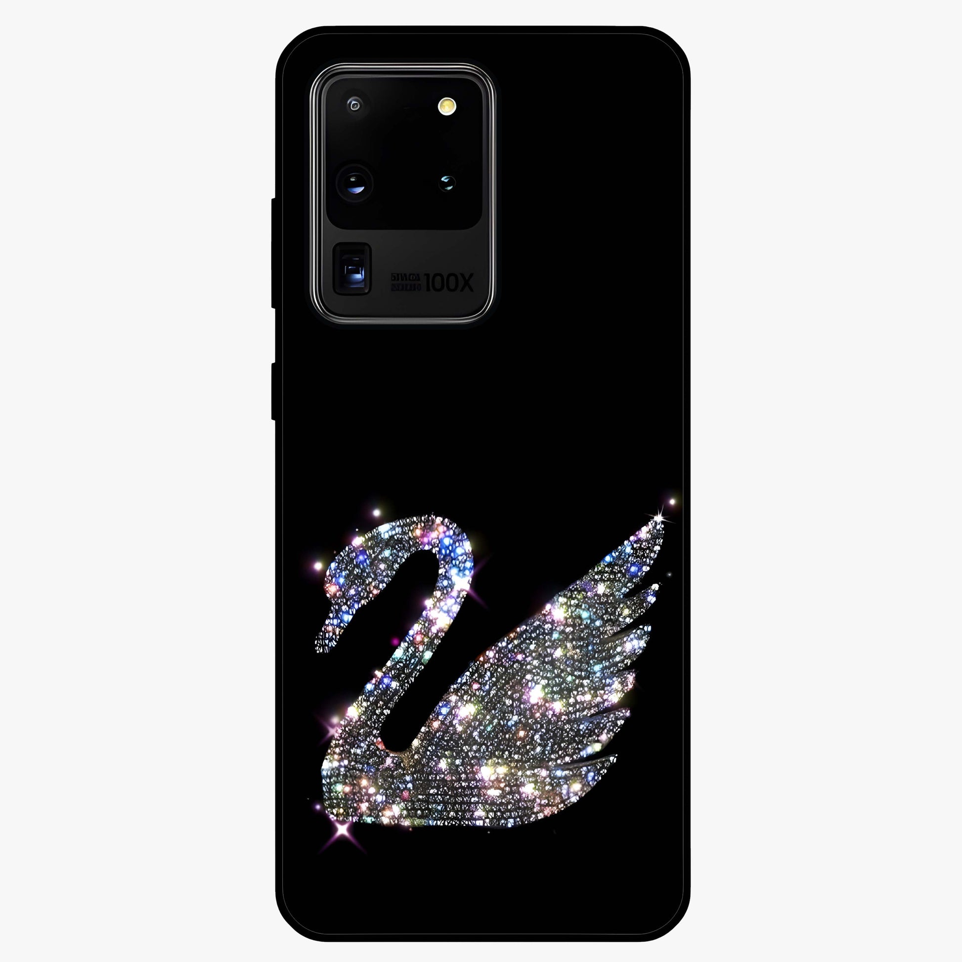 Starlit Swan Grace Glass Case showing flat back view with graceful swan artwork under starry sky and glossy glass finish.