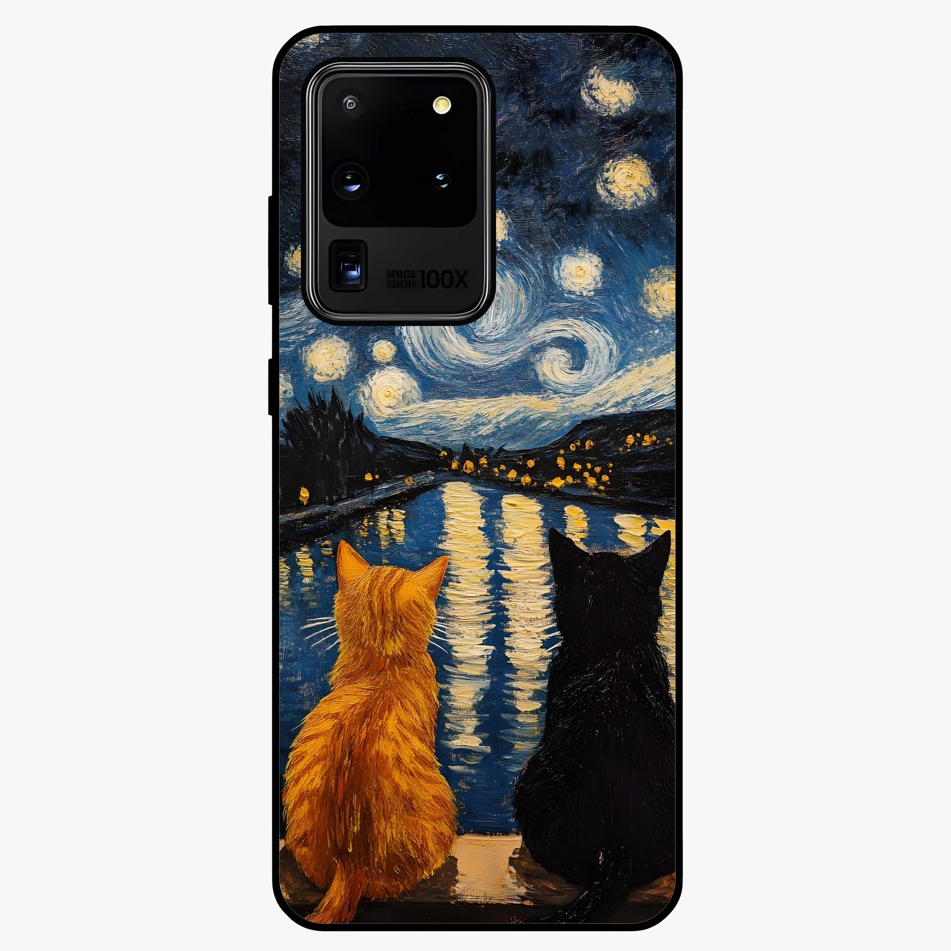 Starry River Cats Glass Case showing flat back view with cats by a starry river artwork and glossy glass finish.