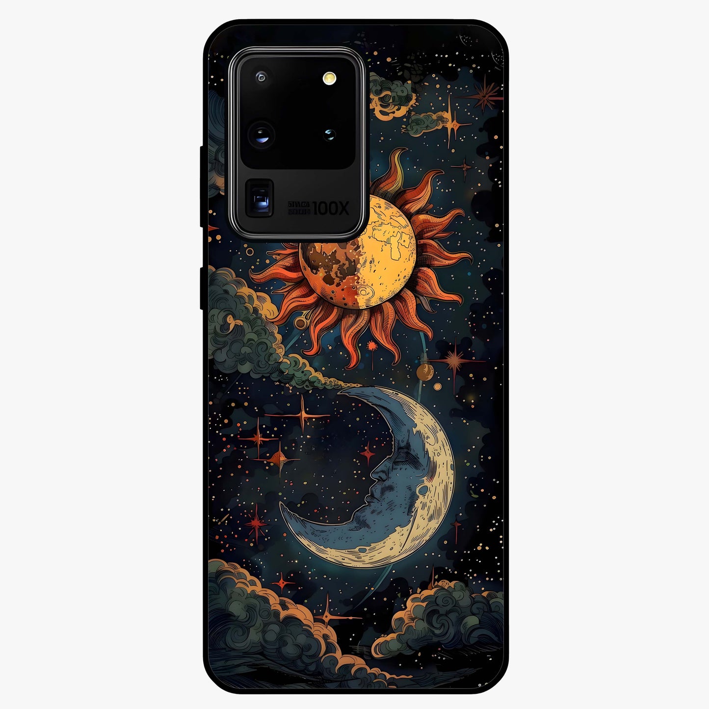 Sun And Moon Magic Design Glass Case showing flat back view with mystical sun and moon artwork and glossy glass finish.