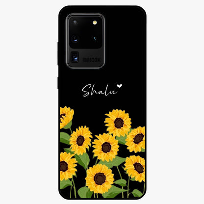 Sunflower Chic Mood Custom Name Glass Case showing flat back view with stylish sunflower artwork and personalized name design.