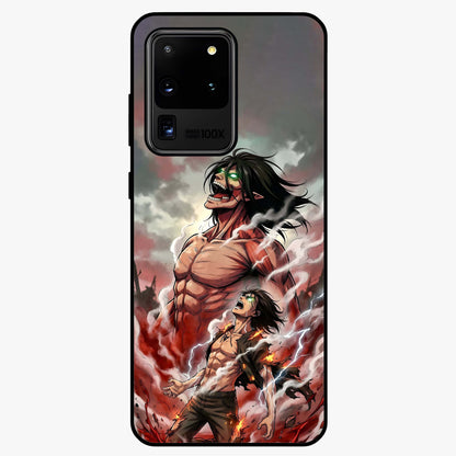 Titan Awakening Fury Glass Case showing flat back view with powerful titan inspired artwork and glossy glass finish.