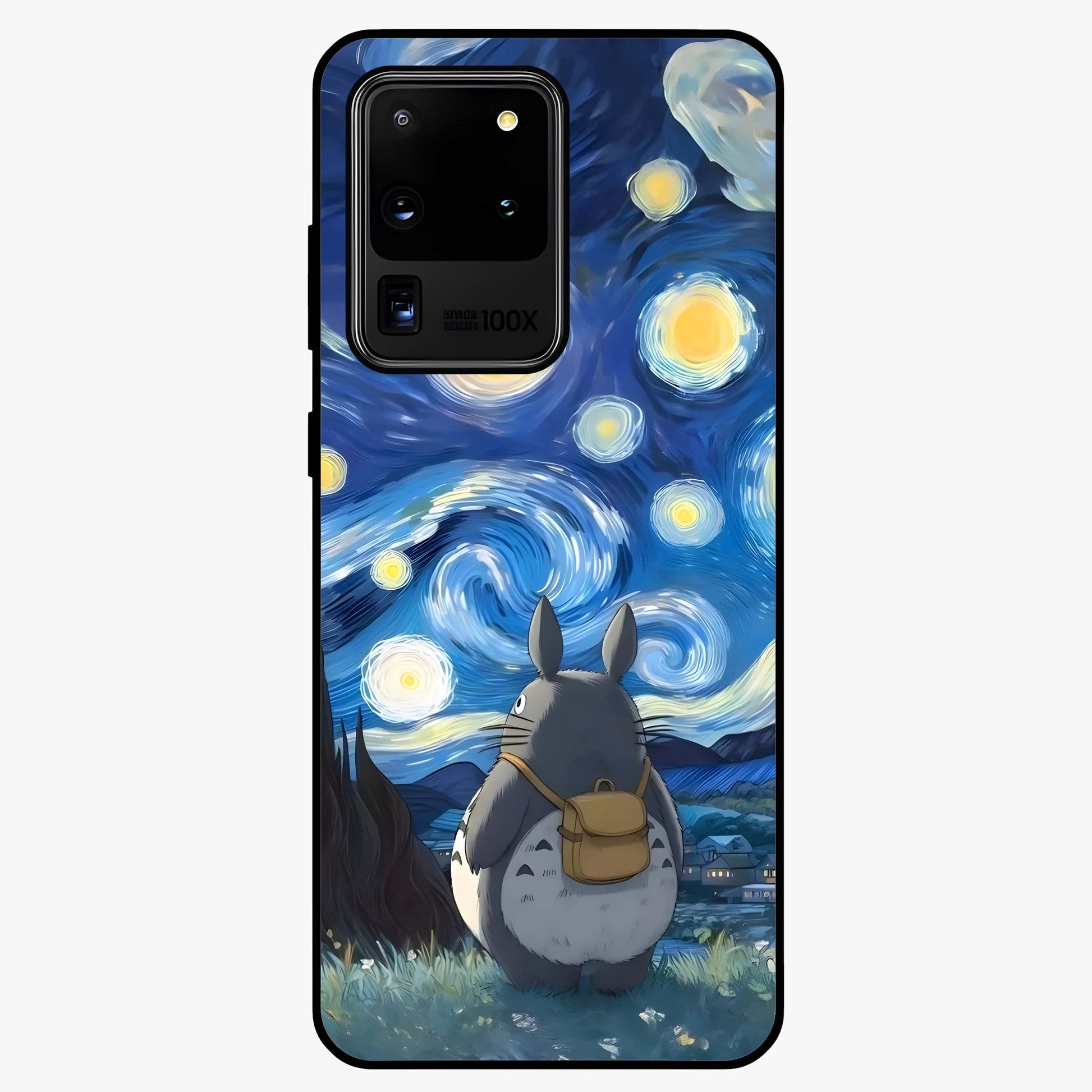 Totoro In Van Gogh Art Glass Case showing flat back view with whimsical character artwork inspired by Van Gogh style and glossy glass finish.