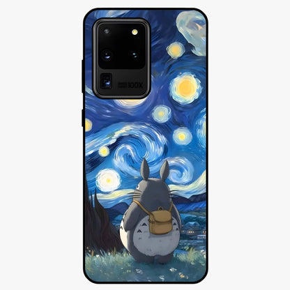 Totoro In Van Gogh Art Glass Case showing flat back view with whimsical character artwork inspired by Van Gogh style and glossy glass finish.