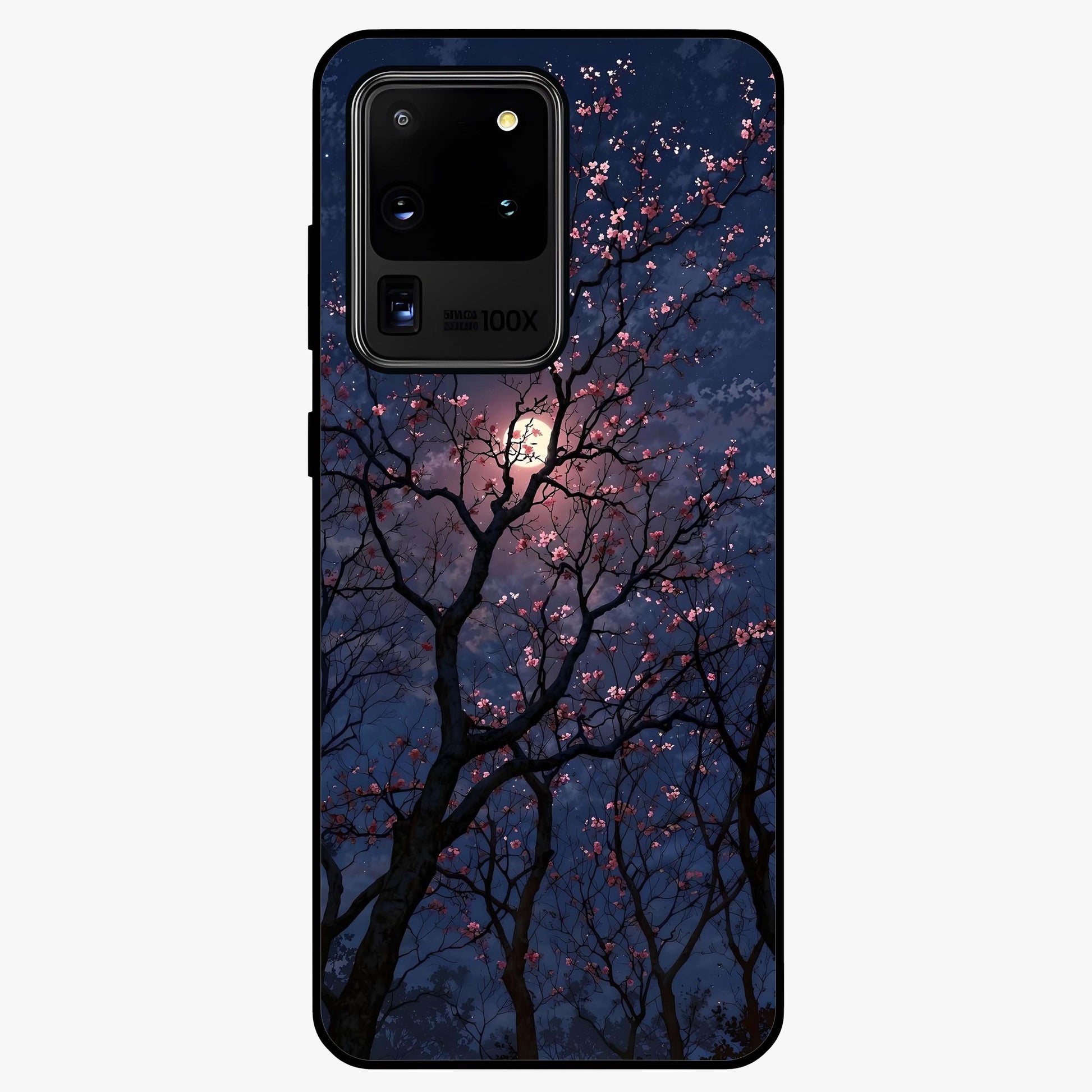 Twilight Sakura Serenade Glass Case showing flat back view with cherry blossom artwork at twilight and glossy glass finish.