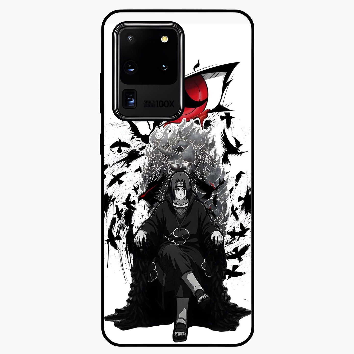Uchiha Shadow Throne Glass Case showing flat back view with cosmic underwater themed artwork and glossy glass finish.