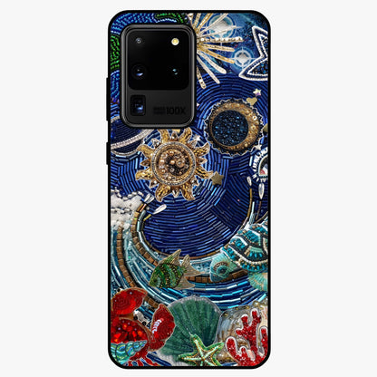 Universe Underwater Spark Glass Case showing flat back view with cosmic underwater themed artwork and glossy glass finish.