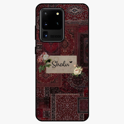 Velvet Wine Pattern Custom Name Glass Case showing flat back view with elegant wine colored pattern artwork and personalized name design.