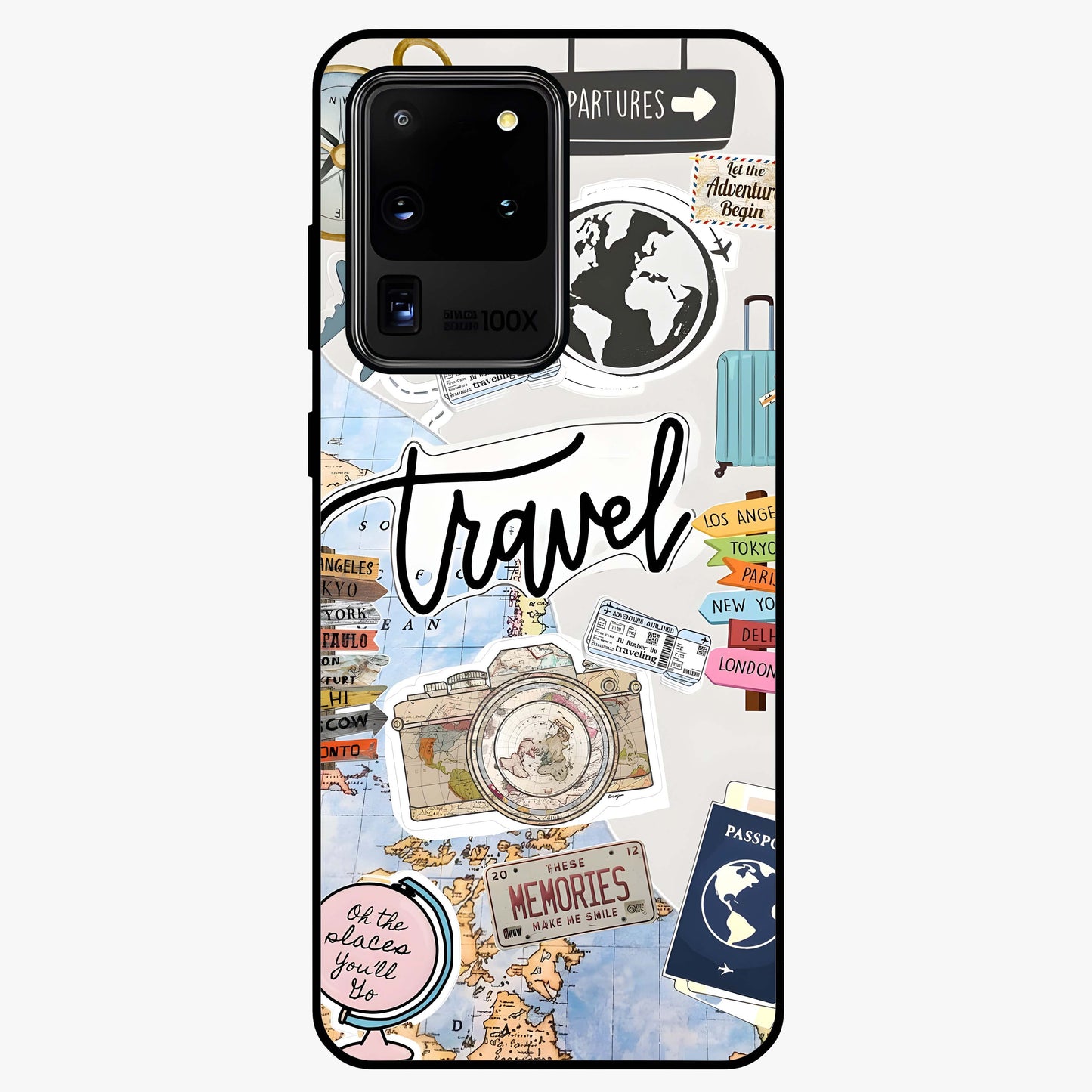 Wanderlust Journal Glass Case showing flat back view with travel inspired artwork and glossy glass finish.