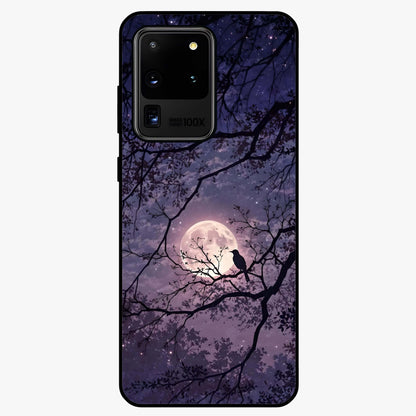 Whispering Moon Silence Glass Case showing flat back view with serene moon themed artwork and glossy glass finish.