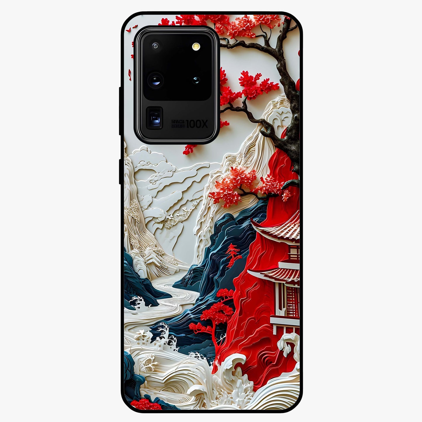 Whispers Of Sakura Waves Glass Case showing flat back view with cherry blossom wave artwork and glossy glass finish.