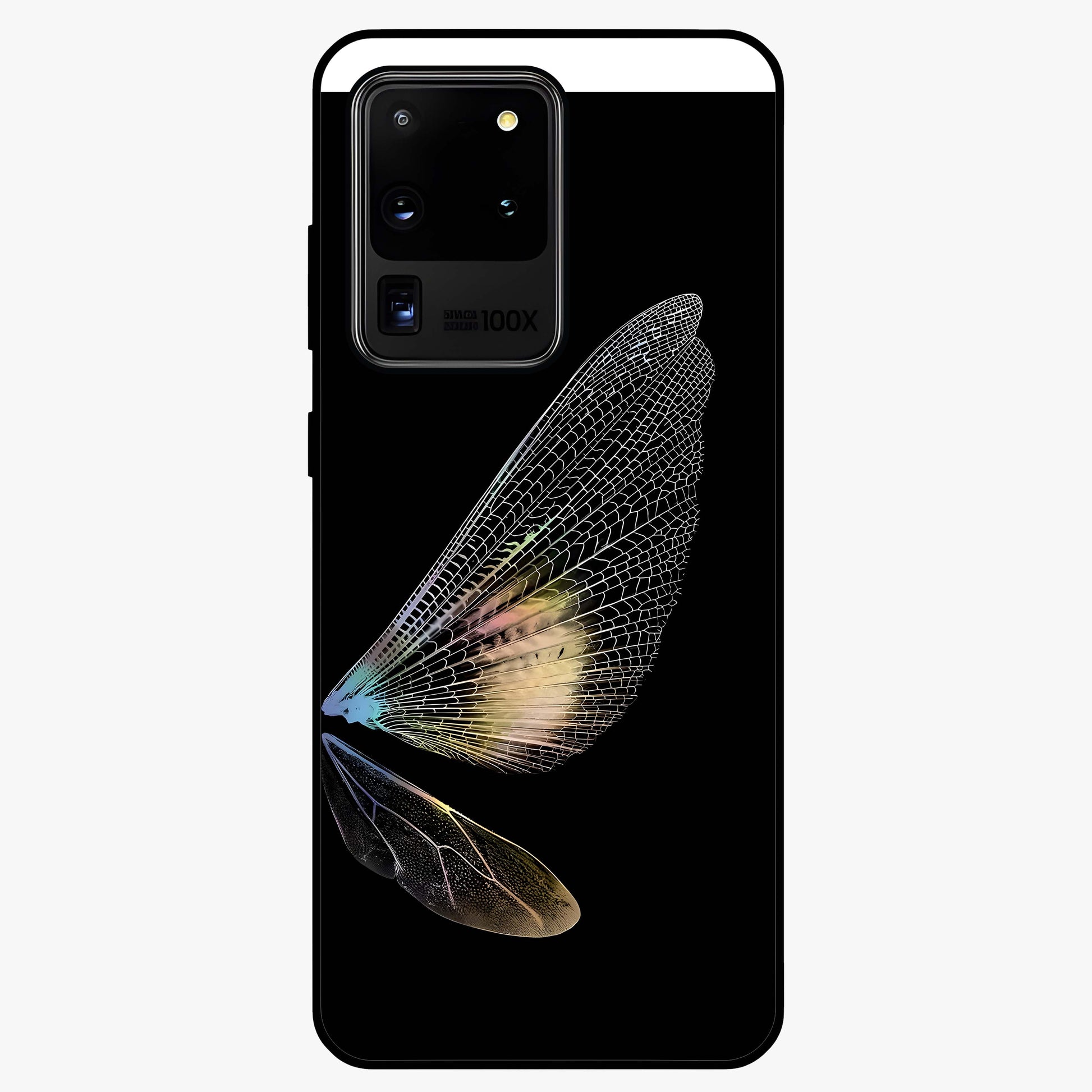 Whispers Of Wings Glass Case showing flat back view with graceful wing inspired artwork and glossy glass finish.
