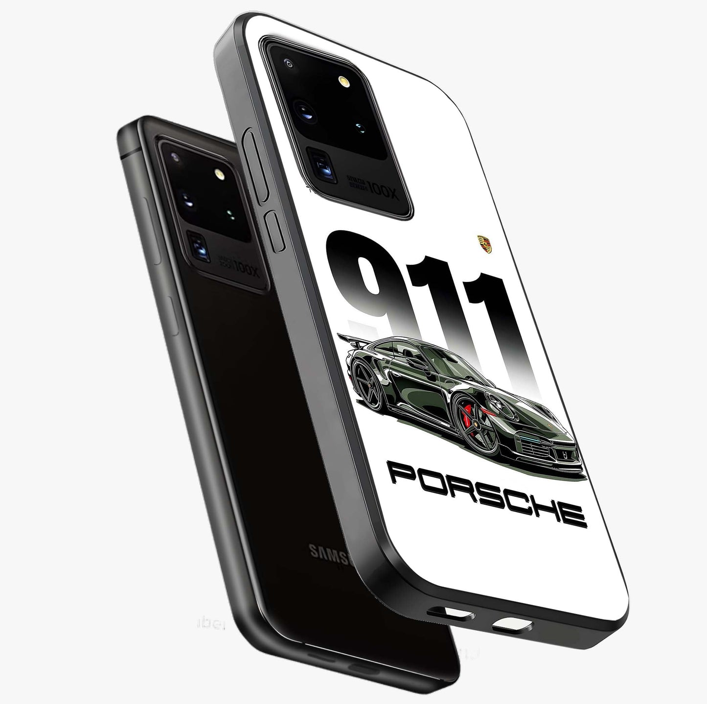 911 Turbo Dominance Glass Case displayed in premium angled mockup highlighting sporty car illustration and sleek glass surface.