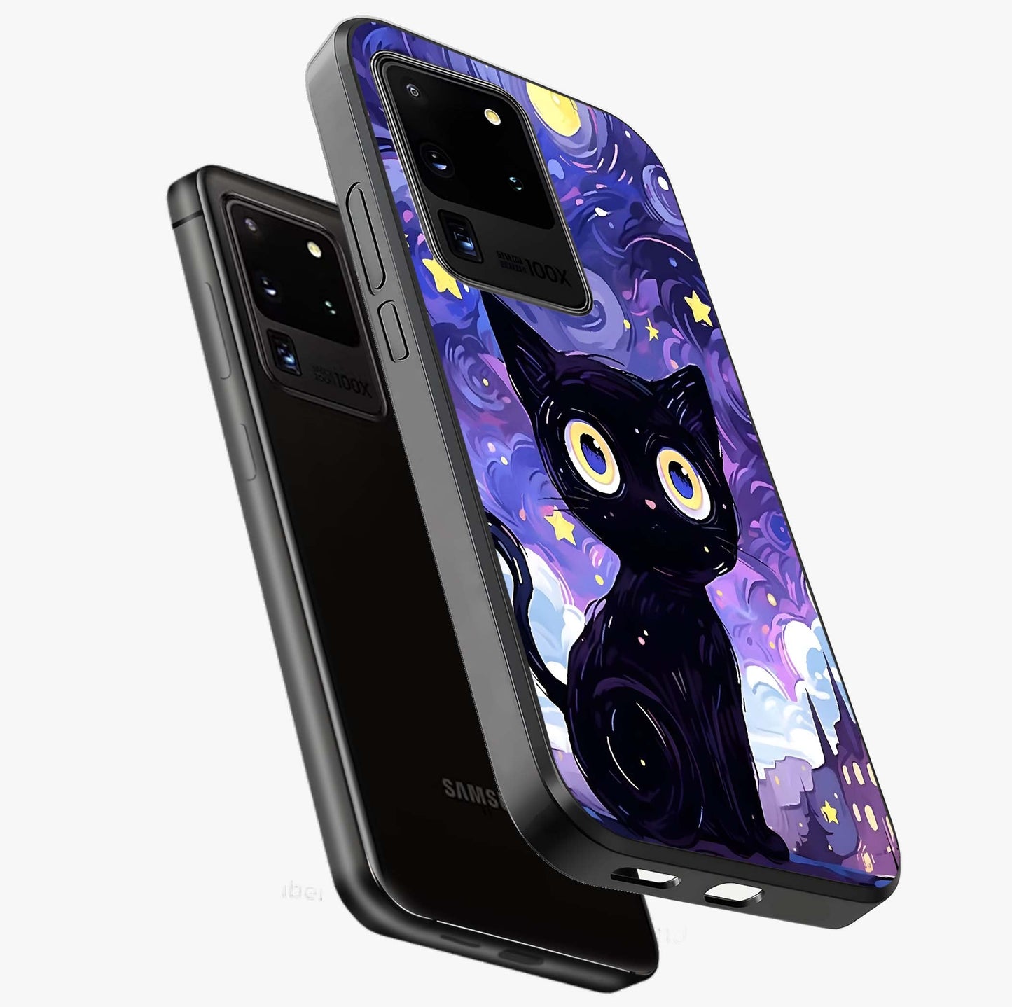Abstract Cat Art Glass Case displayed in angled mockup highlighting modern abstract cat artwork and sleek glass surface.