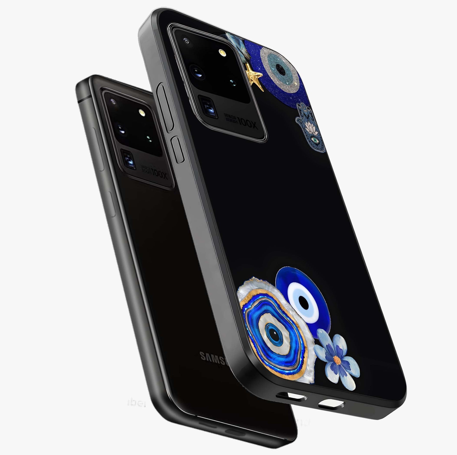 Aesthetic Blue Evil Eye Glass Case displayed in angled mockup highlighting blue evil eye symbol and spiritual aesthetic design.