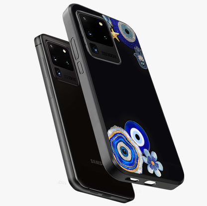 Aesthetic Blue Evil Eye Glass Case displayed in angled mockup highlighting blue evil eye symbol and spiritual aesthetic design.