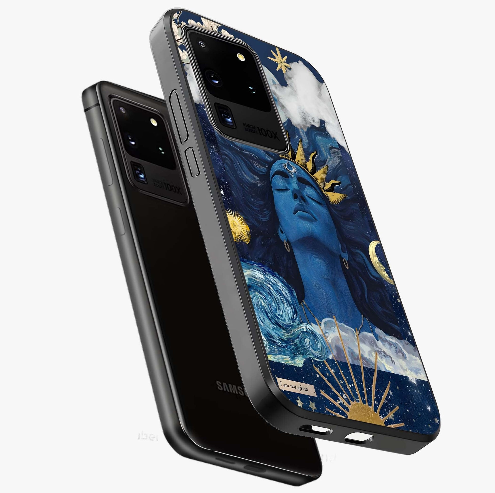 Aesthetic Lord Shiva Glass Case displayed in angled mockup highlighting spiritual Shiva illustration and sacred aesthetic design.