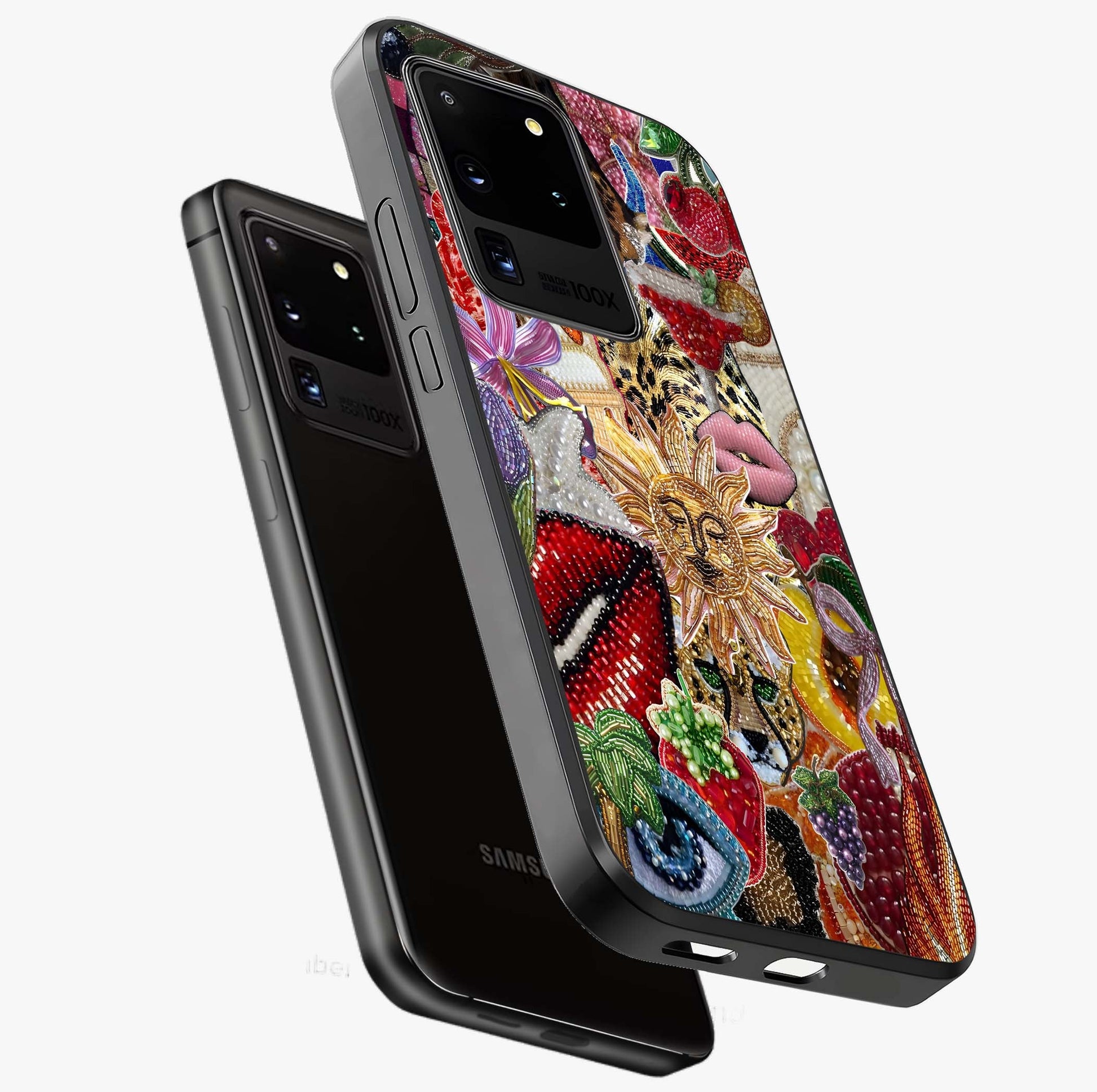 Beaded Fashion Jungle Glass Case displayed in angled mockup highlighting colorful fashion bead design and artistic pattern.