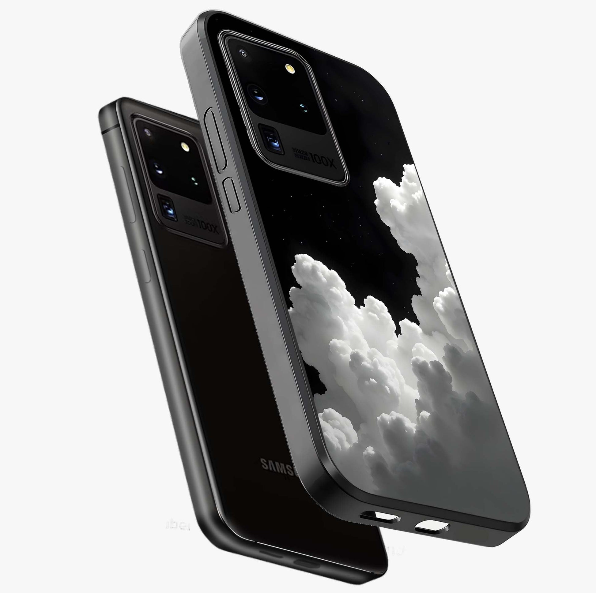 Black Background With White Cloud Glass Case displayed in angled mockup highlighting soft white cloud illustration and minimal design.