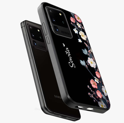 Black Elegance Floral Custom Name Glass Case displayed in angled mockup highlighting dark floral aesthetic and custom name feature.