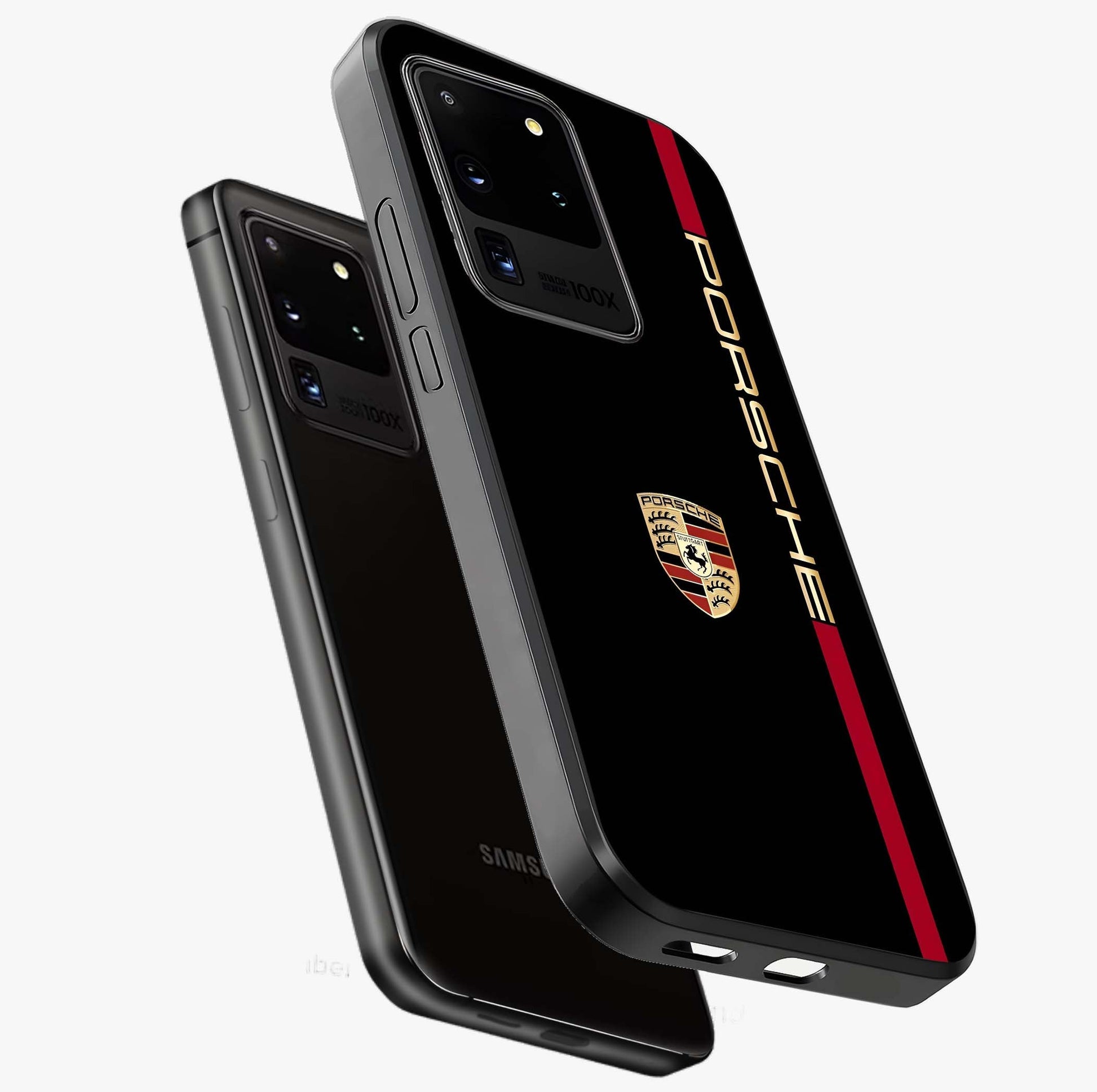 Black Minimal Porsche Glass Case displayed in angled mockup highlighting modern minimal car illustration and clean aesthetic design.