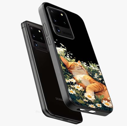 Blissful Bloom Cat Glass Case displayed in angled mockup highlighting playful feline illustration with soft floral aesthetic.