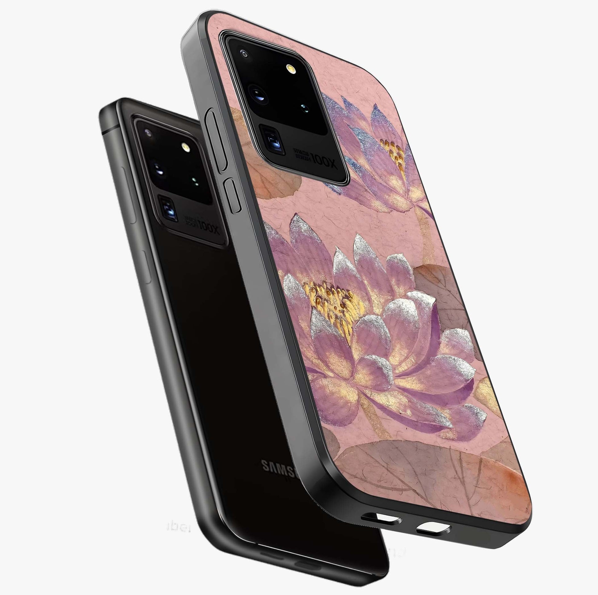 Blossom Mist Lotus Glass Case displayed in angled mockup highlighting delicate lotus illustration with calm aesthetic theme.