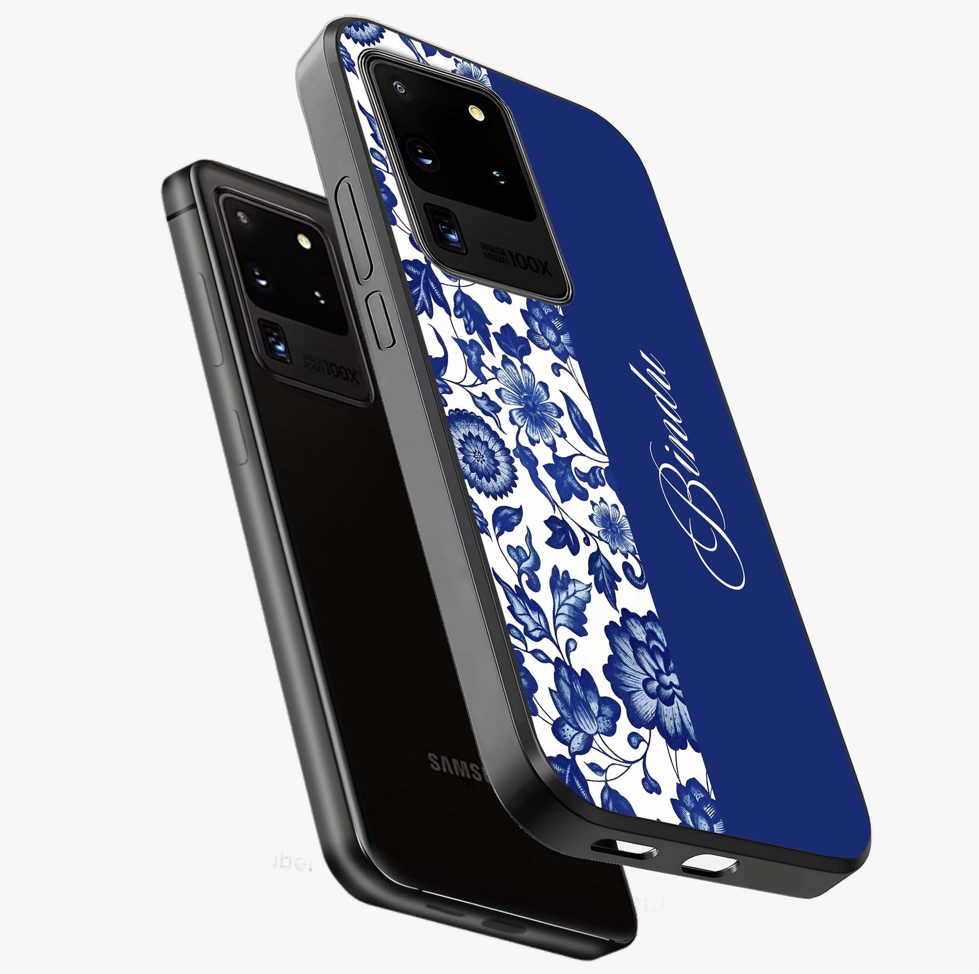 Blue Vintage Floral Pattern Glass Case displayed in angled mockup highlighting subtle bloom pattern with aesthetic pastel design.