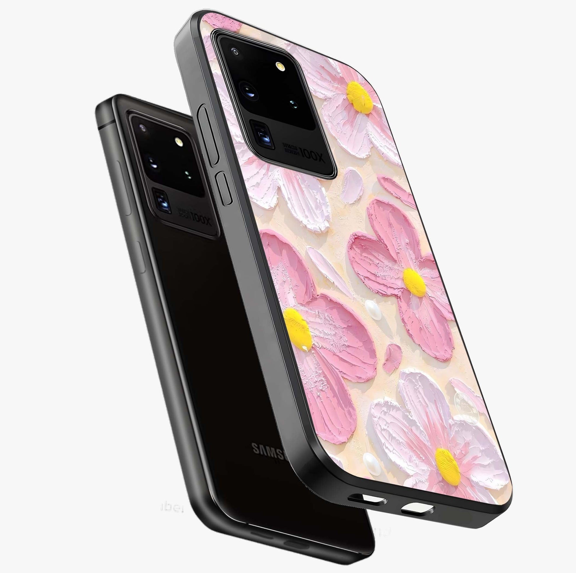 Blush Bloom Texture Glass Case displayed in angled mockup highlighting subtle bloom pattern with aesthetic pastel design.