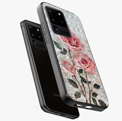 Blush Mosaic Bloom Glass Case displayed in angled mockup highlighting artistic mosaic flower pattern with aesthetic design.