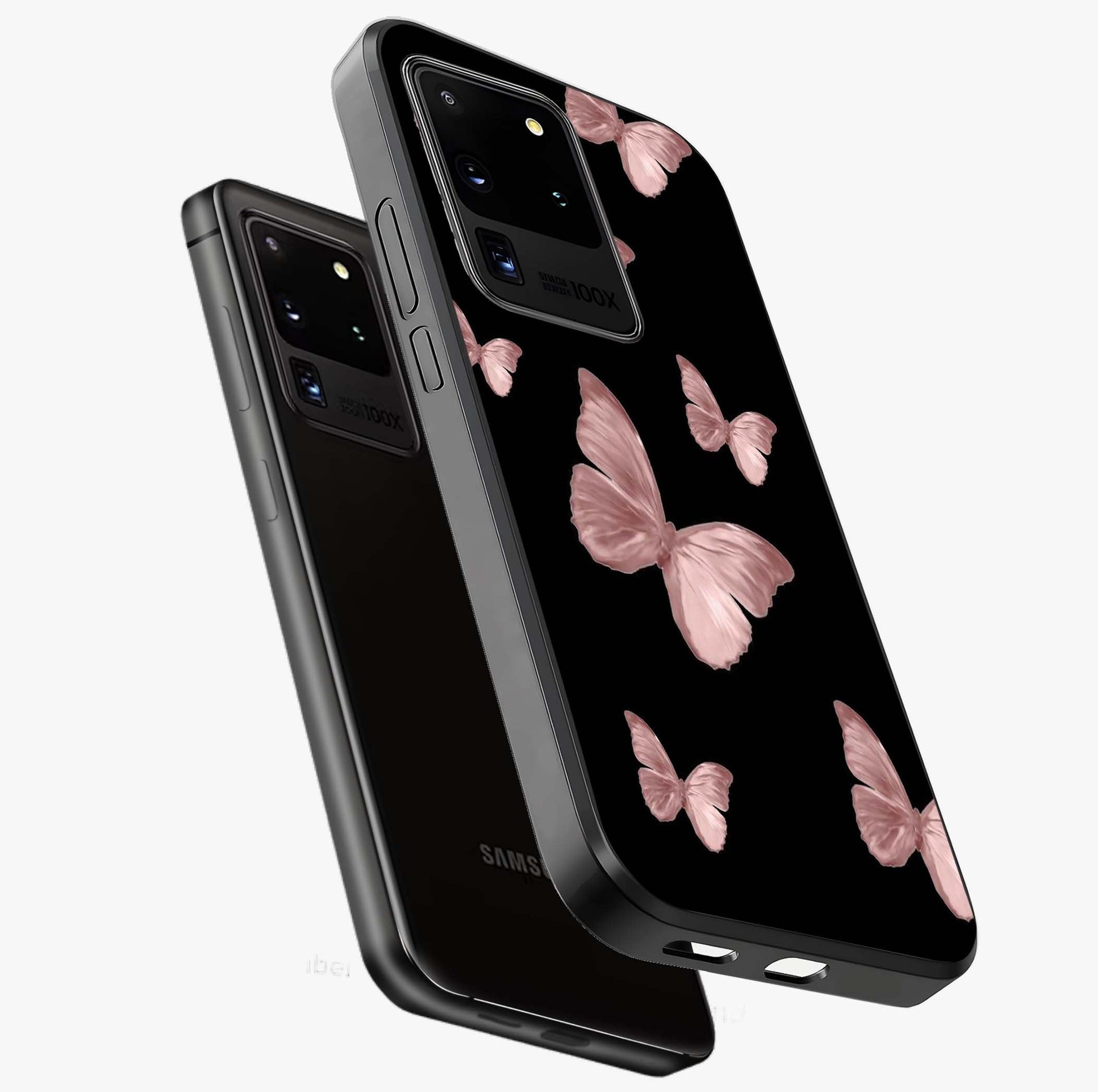 Butterfly Pattern Glass Case displayed in angled mockup highlighting delicate butterfly design and aesthetic pattern style.