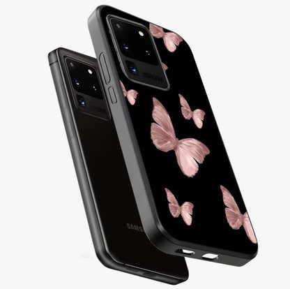 Butterfly Pattern Glass Case displayed in angled mockup highlighting delicate butterfly design and aesthetic pattern style.