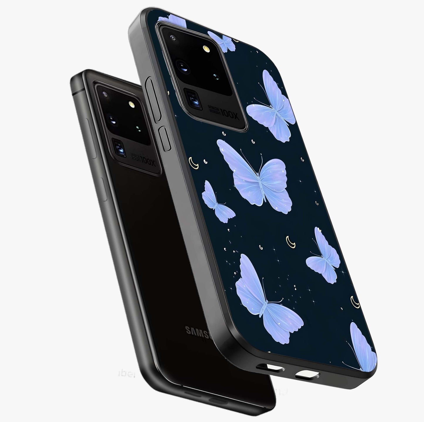 Butterfly With Stars Pattern Glass Case displayed in angled mockup highlighting dreamy butterfly and star design with aesthetic theme.