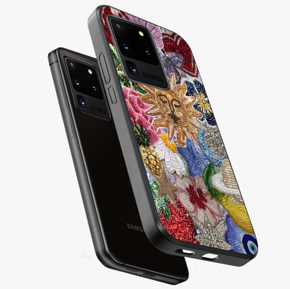 Celestial Floral and Playful Glass Case displayed in angled mockup highlighting playful floral design with dreamy celestial elements.