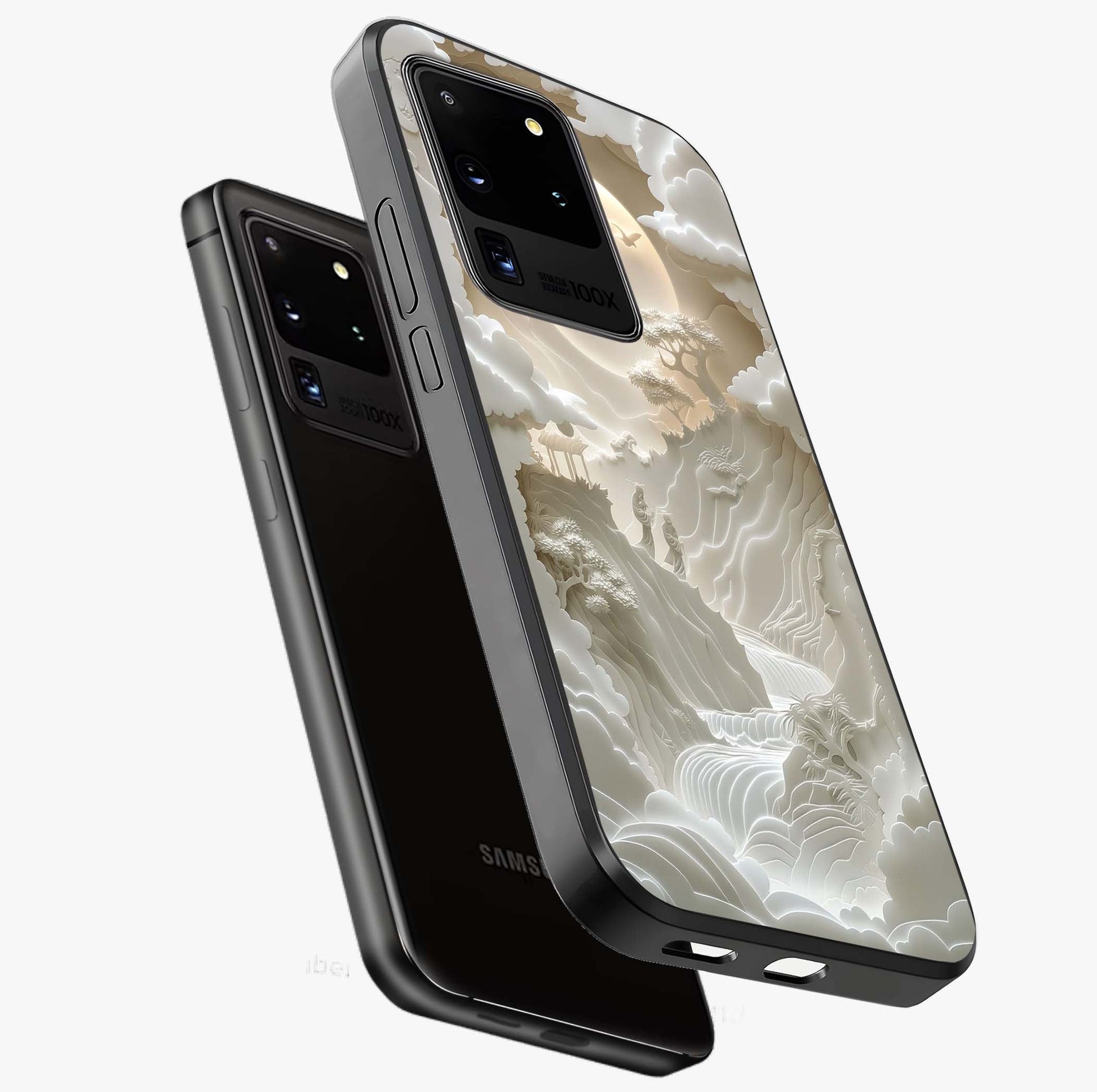 Celestial Origami Glass Case displayed in angled mockup highlighting geometric origami design with cosmic aesthetic theme.