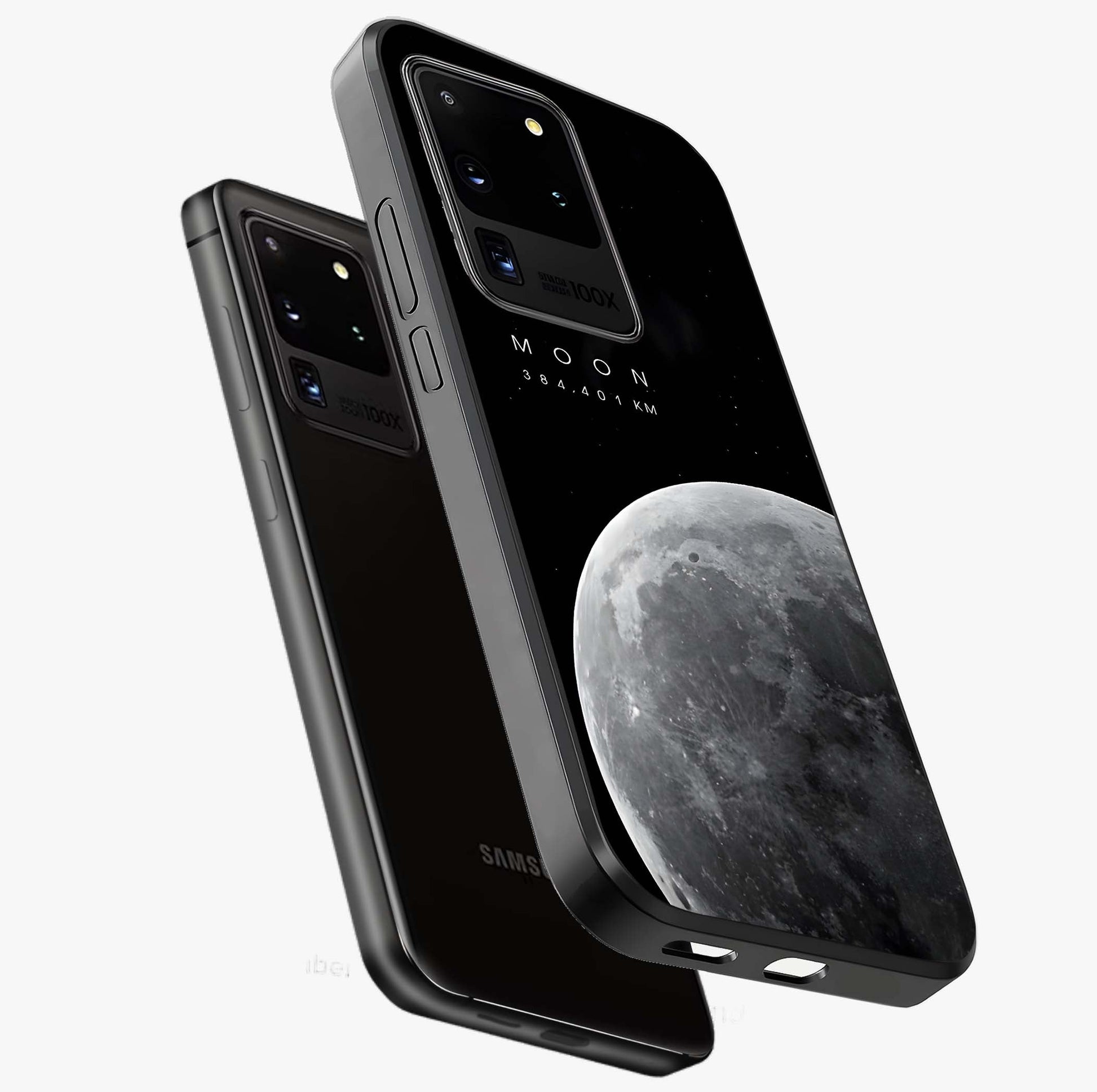 Cosmic Moon Glow Glass Case displayed in angled mockup highlighting celestial moon design with cosmic aesthetic theme.