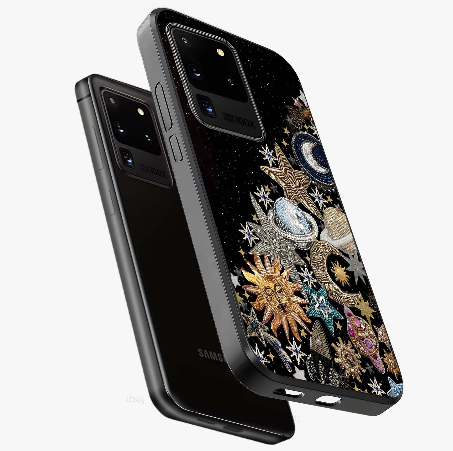 Cosmic Sparkle Dreams Glass Case displayed in angled mockup highlighting dreamy star sparkle design with celestial aesthetic.