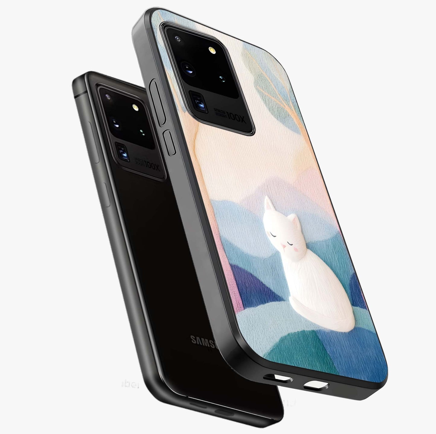 Cotton Dream Cat Glass Case displayed in angled mockup highlighting cute feline illustration with pastel aesthetic style.